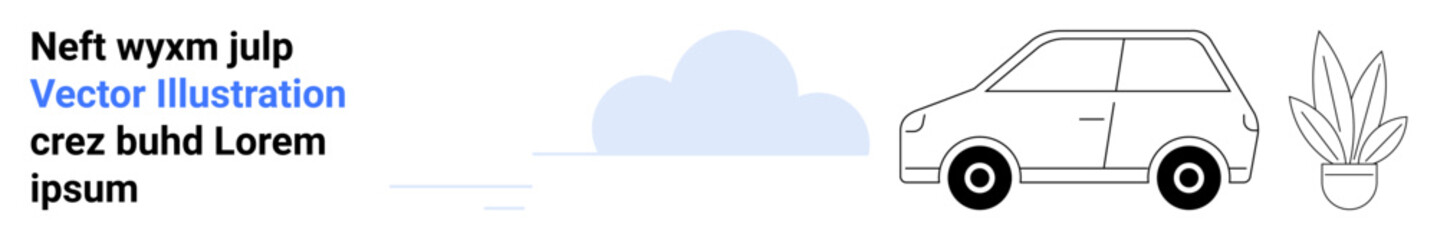 Small car near a leafy potted plant and minimal cloud. Ideal for eco-conscious themes, transport, travel, urban living, mobility solutions, sustainability, flat landing page banner