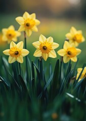 Obraz premium Vibrant yellow daffodils blooming in a lush green field.