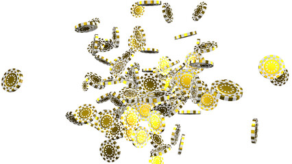 Flying golden casino chips, casino chips in zero gravity on transparent png background.	