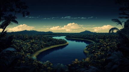 Naklejka premium Lush Amazon Rainforest River Bend Aerial View Cinematic Jungle Landscape