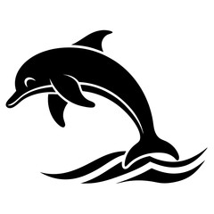 dolphin black silhouette vector, Simple silhouette Design vector icon with white background. dolphin over a wave silhouette