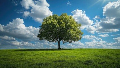 Green tree in field under blue sky