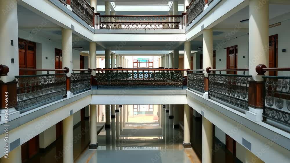 Poster discover a beautiful multi-level space with intricate railings and ample sunlight showcasing its des