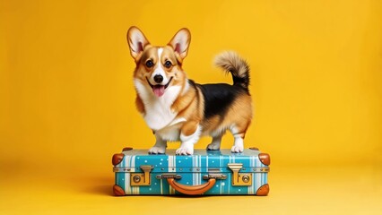 Corgi posing on colorful suitcase against a bright yellow background in a playful scene