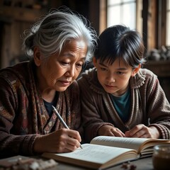 Elderly woman teaching young boy with book at wooden table