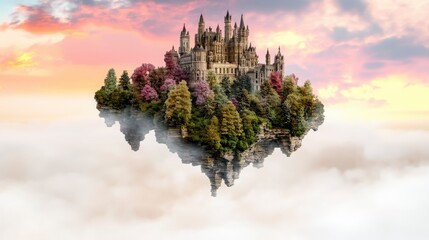 Enchanted Floating Castle Surrounded by Colorful Forestscape