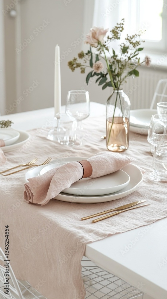 Poster set in a bright room, a beautifully arranged dining table features delicate flowers, glassware, and 