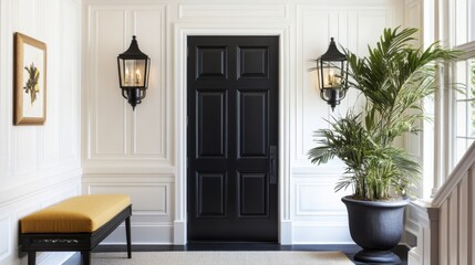 Descripci&oacute;n de un vest&iacute;bulo elegante con l&aacute;mparas y decoraci&oacute;n.