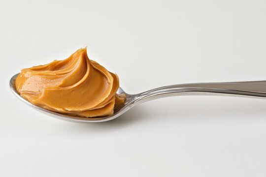 A close up image of creamy peanut butter on a spoon