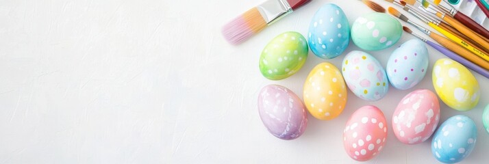 Colorful watercolor-painted Easter eggs arranged with paintbrushes and palettes on a bright workspace