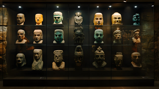 Captivating display of ancient masks in a museum with warm lighting showcasing cultural heritage and historical significance of each piece.