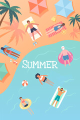  Summer vacation by the sea, people sunbathe on the beach, swim in the sea, palm trees, sand, sun. Poster vector illustration