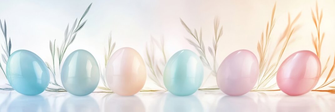 Elegant display of transparent Easter eggs arranged with light reflections and gentle pastel hues