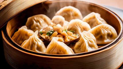 Steaming Hot Chinese Dumplings in Bamboo Steamer  Delicious Food Photography