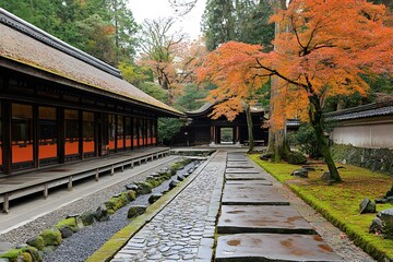 Fototapeta premium Autumn Zen Garden Path Japanese Temple Stone Walkway Maple Leaves