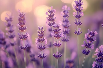 Obraz premium Lavender field at sunset. Soft focus on vibrant purple flowers, bathed in warm golden light