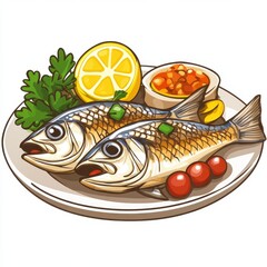 a plate of grilled fish icon, line art style , clear background 