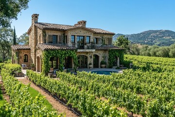 Luxurious stone house with a vineyard and green landscape