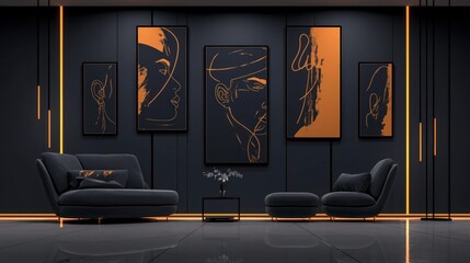 Modern Living Room Decor  Dark   Gold Abstract Art Gallery Wall