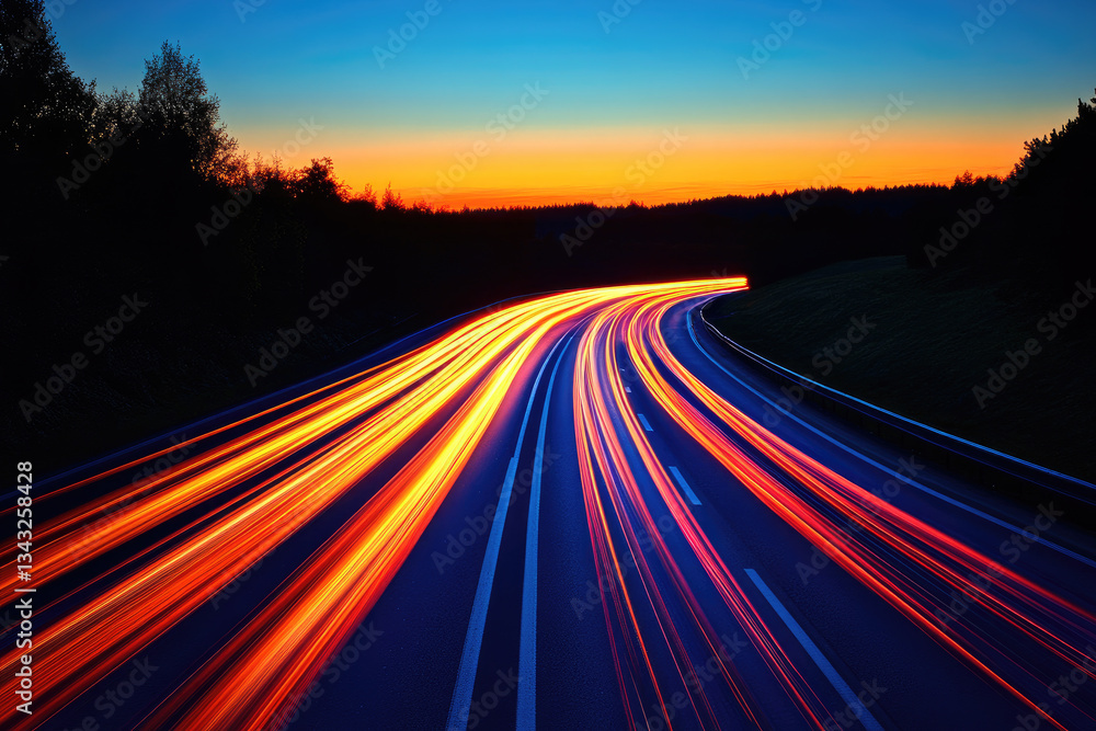 Poster glowing lines of light illuminate a high-speed roadway at dusk with vibrant colors and dynamic movem