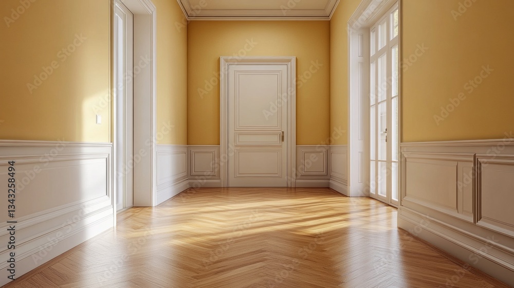 Poster bright sunlight streams through large windows, illuminating the hallway with golden yellow walls and