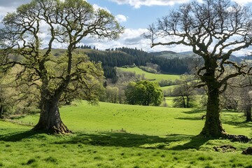 Obraz premium Idyllic Green Pasture Landscape with Majestic Oak Trees