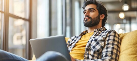 Naklejka premium Thoughtful Millennial Entrepreneur With Laptop At Home Freelancing And Remote Work Concept.