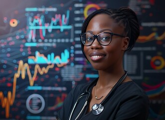 Stethoscope and medical record on a background with graphs, bar charts, and diagrams. The winner of a contest, this is part of a collection of graphy and images.