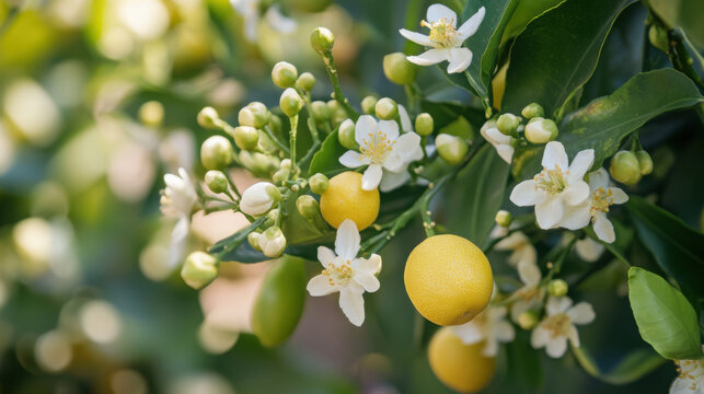 A lemon tree in full bloom, with clusters of white flowers and small green lemons beginning to ripen.