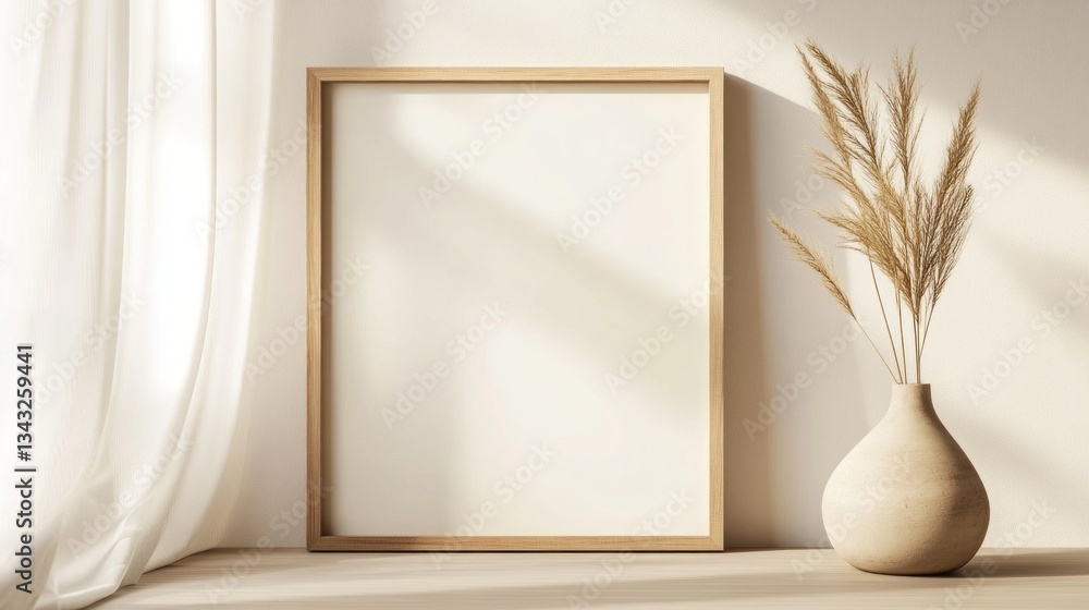 Aufkleber a wooden frame rests on a softly lit surface beside a simple vase holding dried grasses. the gentle 