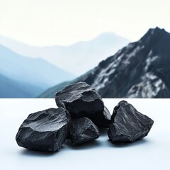 Shilajit stones on a white surface with a Himalayan mountain in the background.