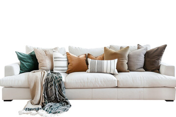 Cozy modern living room vibe featuring a stylish white sofa adorned with colorful cushions and a touch of greenery