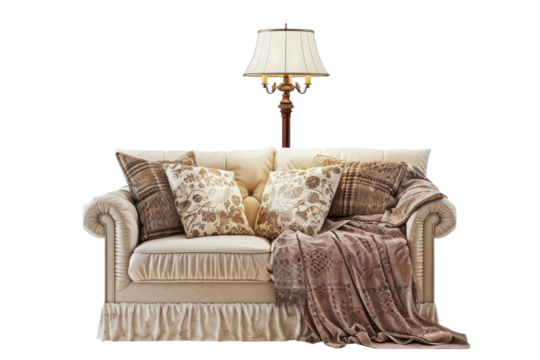 Cozy living room setup featuring a classic beige sofa adorned with decorative pillows and a warm lamp illuminating the space