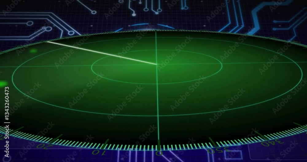 Poster green radar screen showing scanning animation over digital circuit background