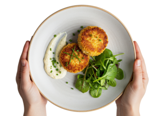 Two golden crab cakes plated with a swirl of creamy sauce and fresh greens are held by hands.