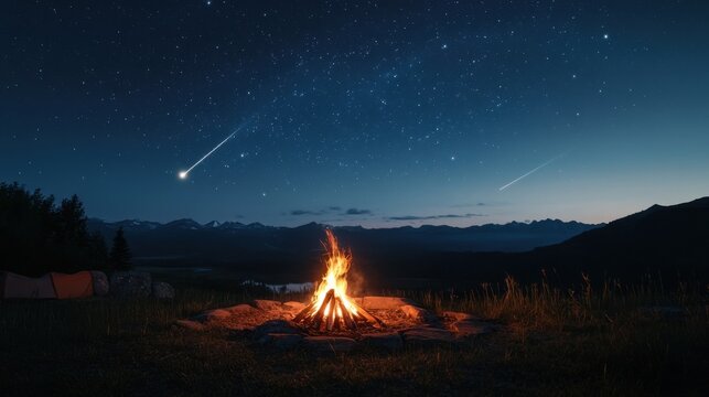 Fogata bajo un cielo estrellado con cometas