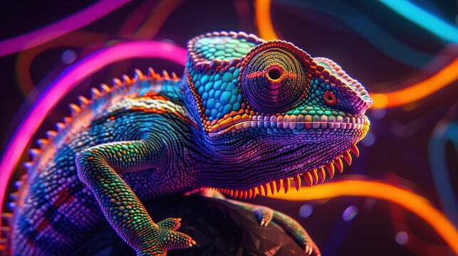 Vibrant chameleon portrait against a backdrop of neon lights, showcasing intricate scales and vivid colors.