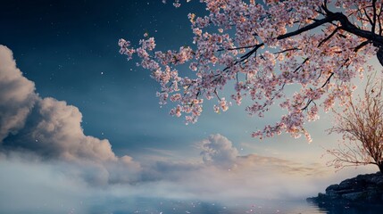 Serene Cherry Blossom Tree  Misty Lake  Spring Landscape  Soft Sky