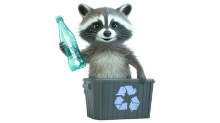 Smiling Raccoon Holding a Plastic Bottle in a Recycling Bin