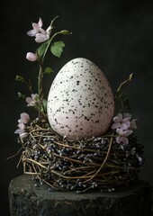Obraz premium Speckled egg nestled in a decorative twig nest with flowers.