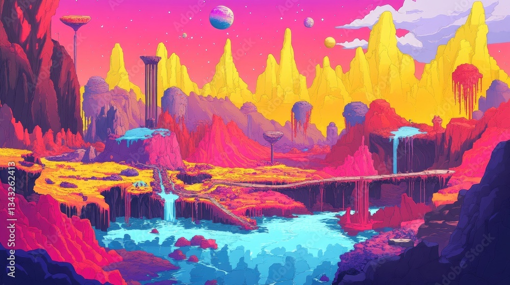 Poster an artistic rendering depicts a colorful landscape with celestial objects
