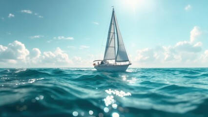 Fototapeta premium Sailboat gliding across calm blue water under a bright sky during midday sunlight