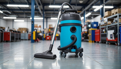 Fototapeta premium Wet and dry vacuum cleaner on tiled floor in industrial workshop, efficiency