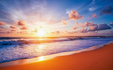 Fototapeta premium Stunning Ocean Sunset with Golden Light Reflecting on the Waves and Sandy Beach