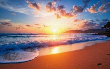Fototapeta premium Stunning Ocean Sunset with Golden Light Reflecting on the Waves and Sandy Beach