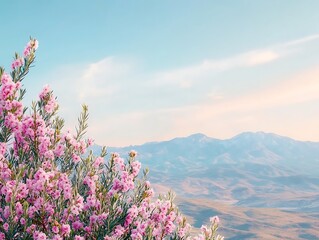 Pink flowers with mountains against a blue sky, nature