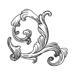 Hand drawing ornate baroque design element. Engraved damask pattern, vintage ornament. Isolated monochrome vector illustration on a white background. For design, print, fabric, invitation and wedding