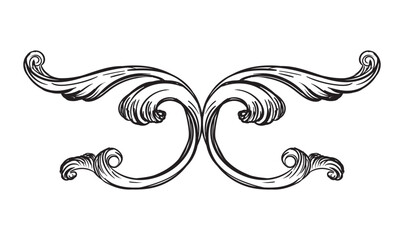 Hand drawing ornate baroque design element. Engraved damask pattern, vintage ornament. Isolated monochrome vector illustration on a white background. For design, print, fabric, invitation and wedding