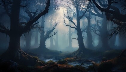 gloomy spooky forest trees landscape with dark foggy light