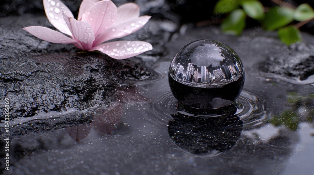 Poster macro view of water beads rolling across a stone surface with a pink flower in background